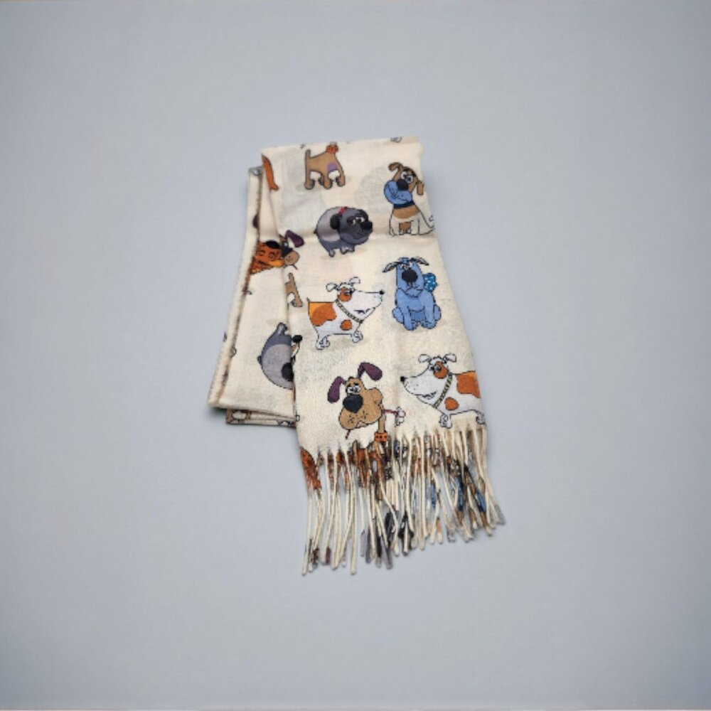 Ivory Oversized Scarf with Cartoon Dogs All-Over Print
